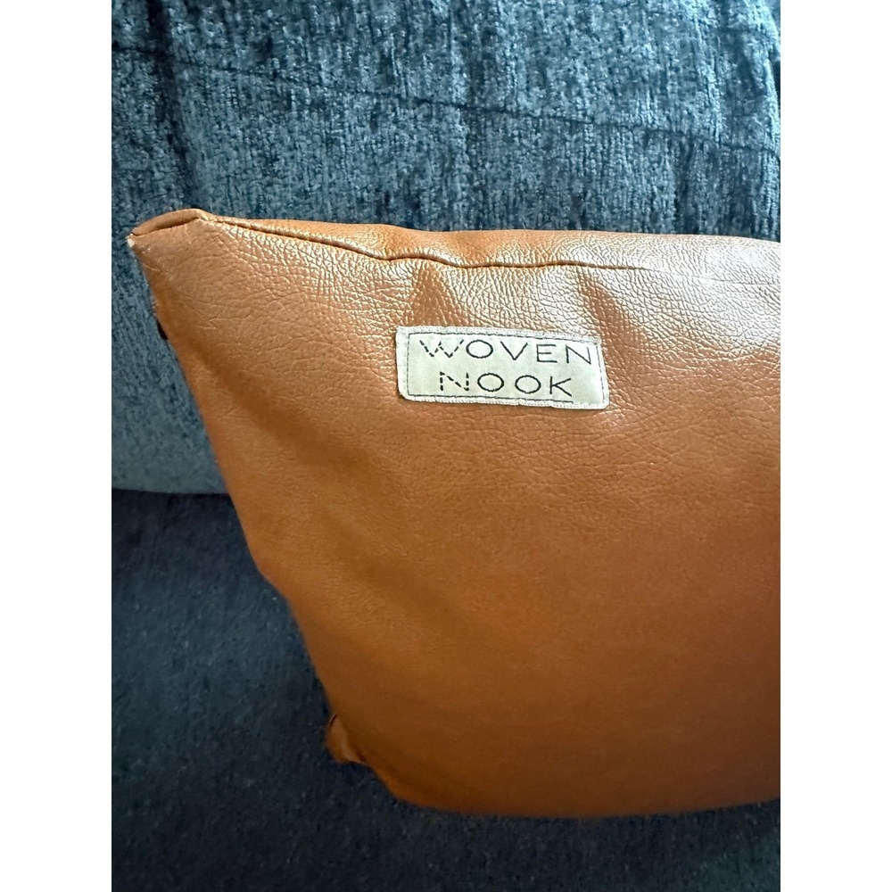 Woven Nook Pillow Covers Set of 2 Cognac Brown Faux Leather 18' Square Modern - Picture 5 of 16